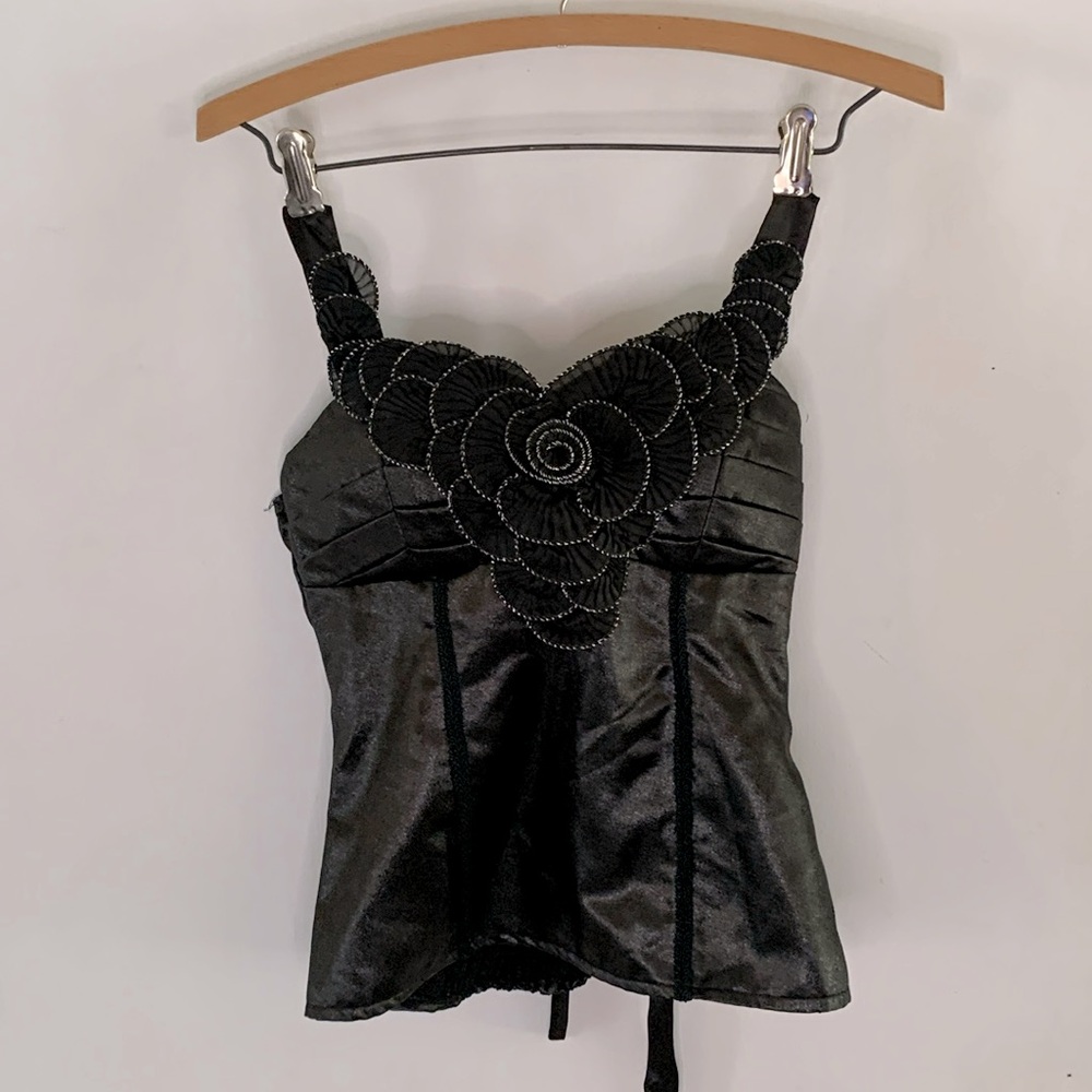 Ole Ole black bustier halter top with black & metallic silver rosettes Size S
